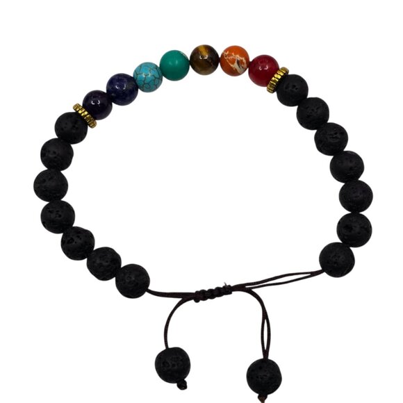 Black Lava Stone & Chakra Bead Adjustable Bracelet 8MM Beads Yoga NEW - Picture 3 of 3